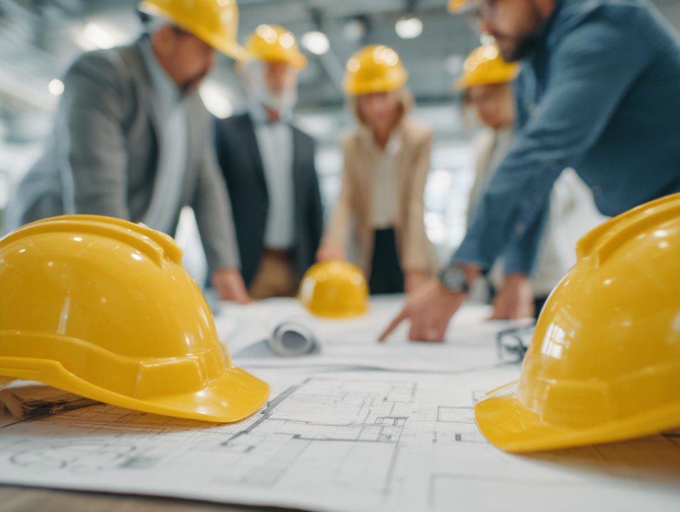 Construction team reviewing plans with hard hats