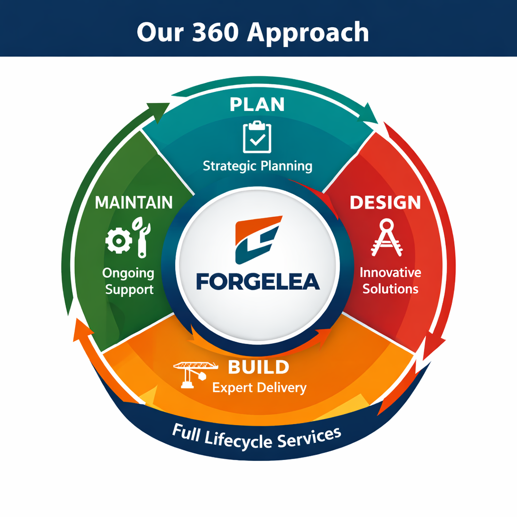 Forgelea 360 approach showing Plan, Design, Build and Maintain